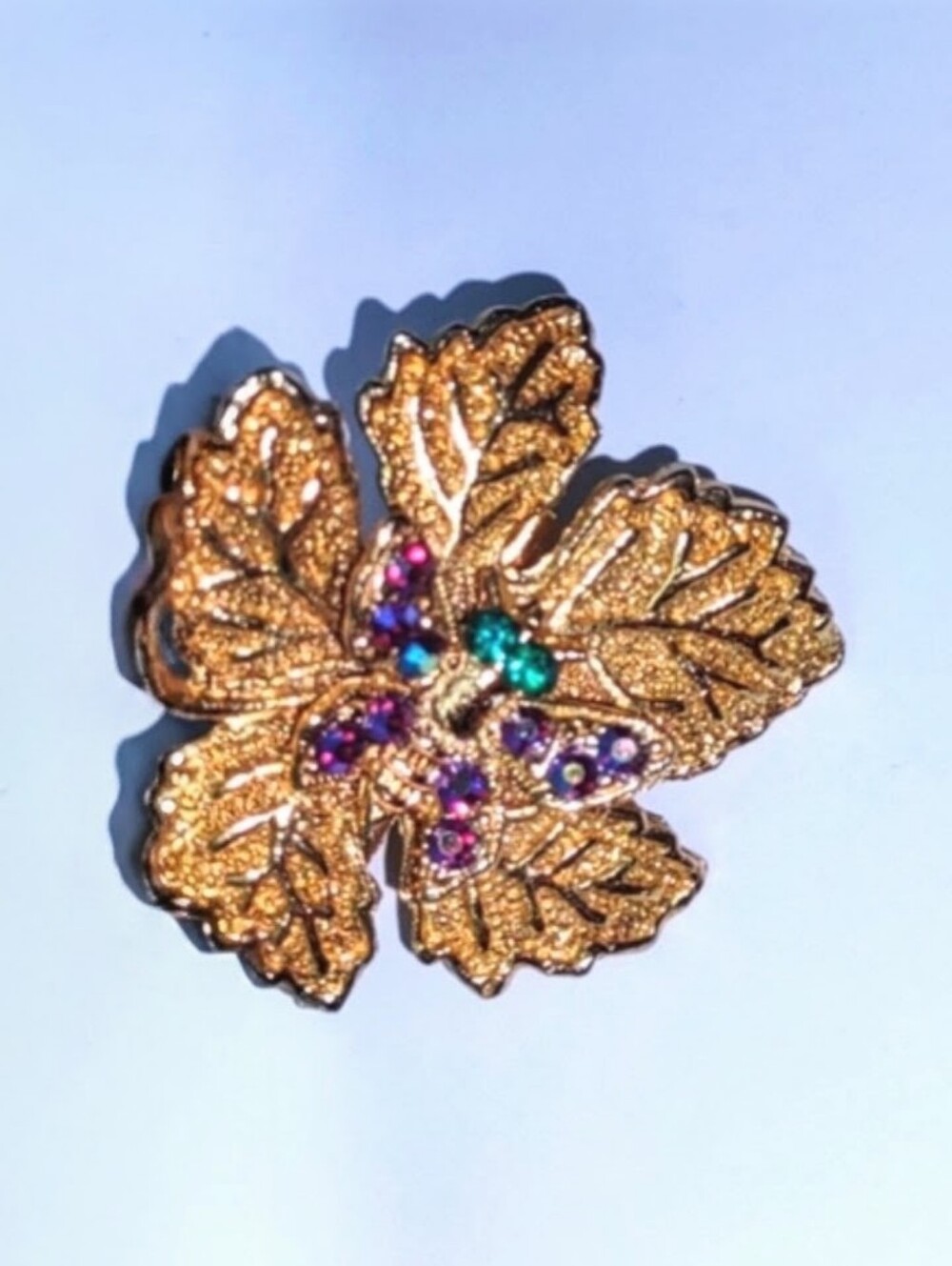 3-D Goldtone Leaf AB Crystal Butterfly Brooch